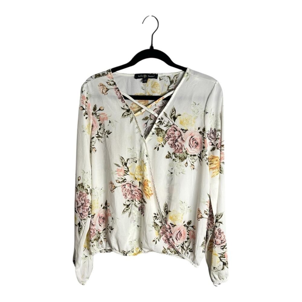 Belle Tweed White and Pink Floral Long Sleeve  Blouse Low V Neckline Size Lg
